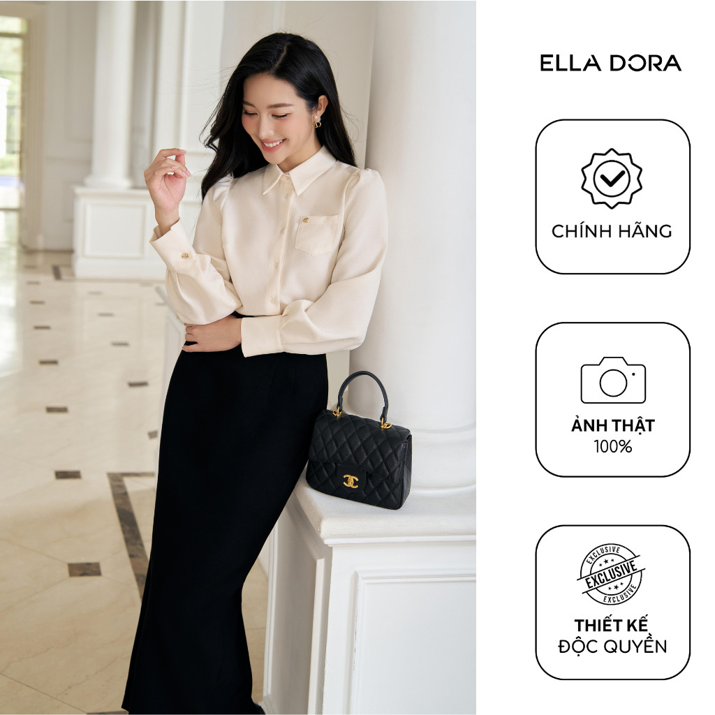 Áo sơ mi nữ ELLA DORA thiết tay bồng form suông túi phối cúc đồng thanh lịch MÀU KEM [SM174]