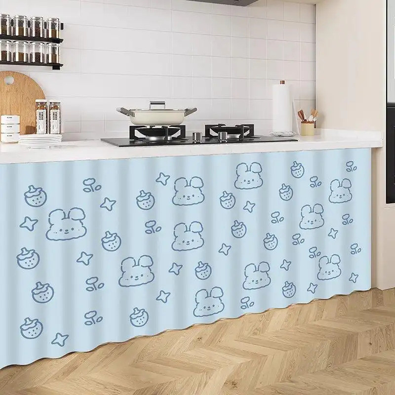 Rèm dưới bồn rửa có đường trượt – Phong cách hoạt hình Nhật Bản dễ thương, Vỏ tủ không khoan cho nhà bếp, ống chống bụi & ẩn