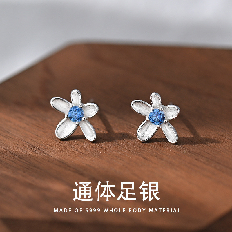 Bông tai hoa zircon màu xanh bạc nguyên chất 999