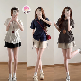 Set áo sơ mi đũi phối dây buộc hai bên eo kèm quần short cạp chun, Set đồ bộ
