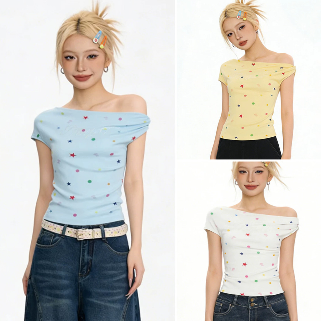 Áo Thun babytee Màu chấm bi in hình vai nghiêng mùa hè Dopamine Color Series