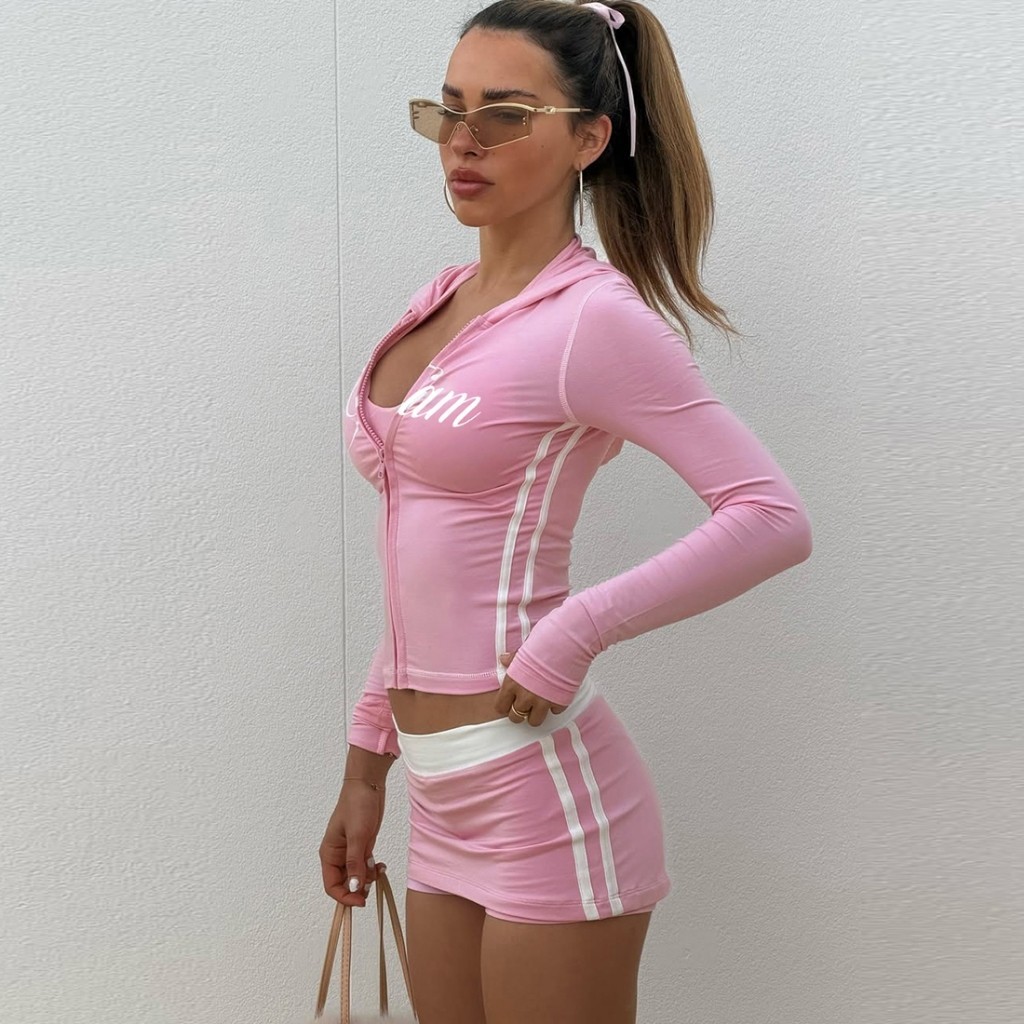Cutenew In 2 Mảnh Bộ Dây Kéo Nữ Có Mũ Trùm Đầu Full Tay Crop Tops + Váy Chắp Vá Thể Thao Đơn Giản Giải Trí Thoải Mái Phù Hợp Với