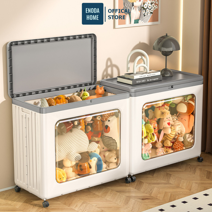 Thùng Đựng Đồ Chơi Gấp Gọn ENODA HOME, Hộp Nhựa Có Nắp Lật Cửa Trong Suốt Đựng Đồ Chơi Gấu Bông Có Bánh Xe Q431