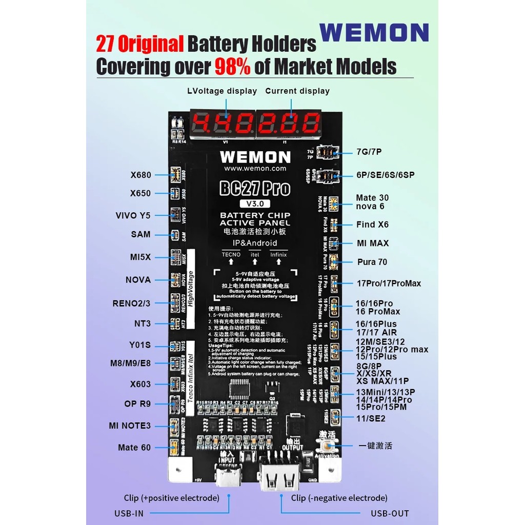 Bảng phát hiện kích hoạt pin WEMON BC27 PRO cho IPhone 6-17 & 400 + Mẫu Android Kích hoạt một cú nhấp chuột của công cụ pin