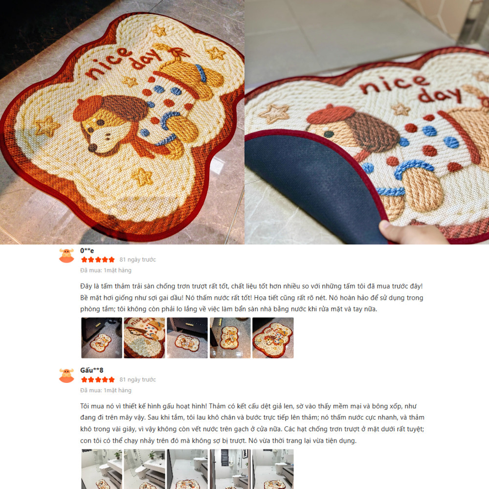 Thảm Chùi Chân 3D Hình Thú Dễ Thương Dệt Len, Thảm Nhà Tắm Chống Trượt, Siêu Thấm Nước