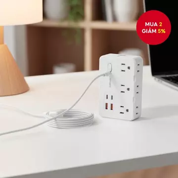Ổ cắm điện chống sét 5ft, 10-trong-1, với 6 ổ cắm rộng và 4 cổng USB (2 USB C) cho thiết bị điện tử.