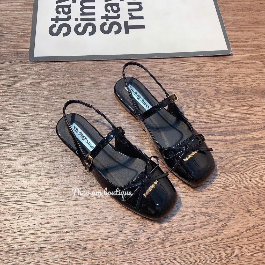 [Thảo Em - SHC5V] Sục bệt nữ hở gót mũi vuông da bóng phong cách tiểu thư đính nơ  ( QCCC )