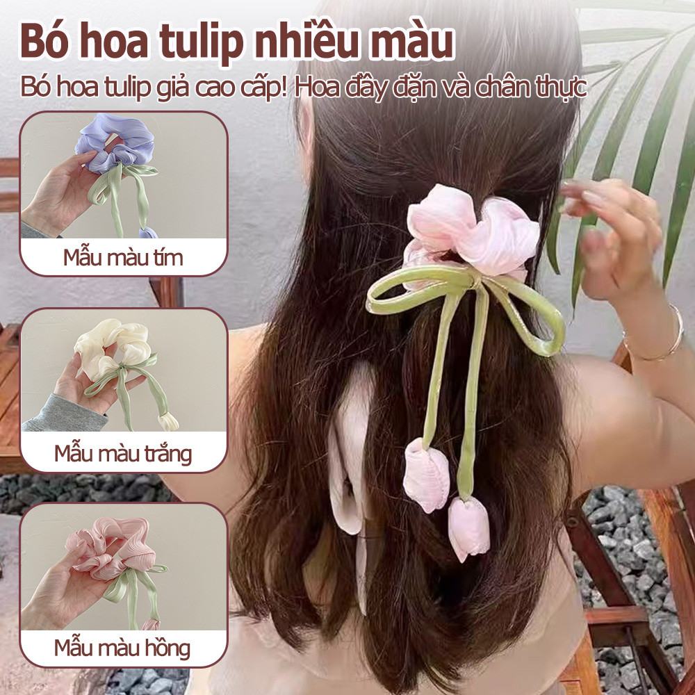 Hoa Tulip Scrunchies Dây Buộc Tóc Cho Nữ Cô Gái Satin Tóc Dây Cao Su Đàn Organ Phụ Kiện Tóc Hàn Quốc Có Treo