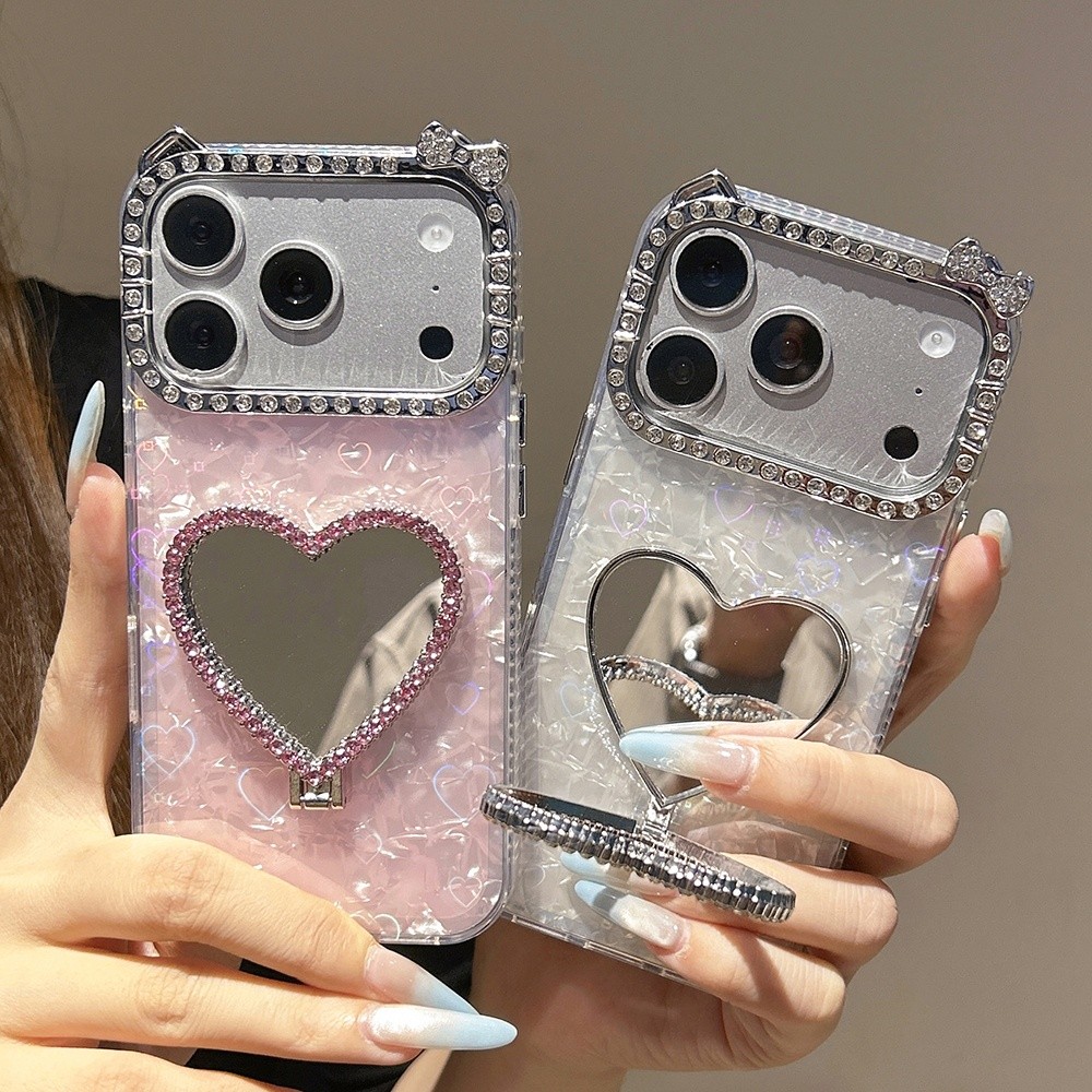 3D Trái Tim Tình Yêu Gương Giá Đỡ Kim Cương Tai Mèo Acrylic Ốp Lưng Điện Thoại iPhone 17 Pro Max 17 Air 16 Plus 15 14 13 12 11 Vỏ Bảo Vệ Chống Sốc