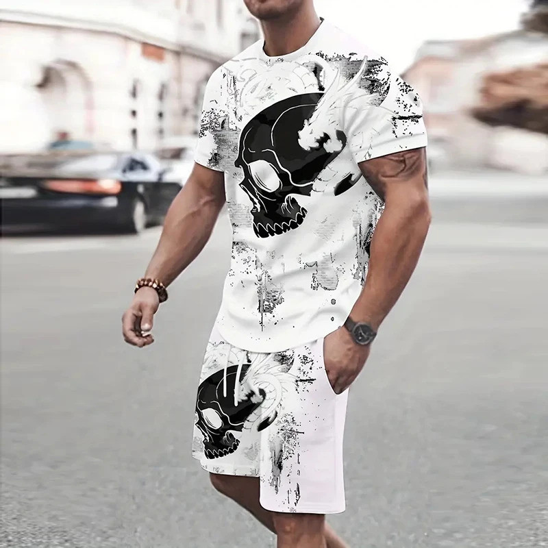 Bộ áo thun và quần short thể thao in hình đầu lâu 3D dành cho nam mùa hè
