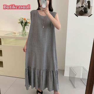 Váy in họa tiết Rayon nữ mùa hè mới váy dài không tay mỏng đơn giản giản giản dị mát mẻ