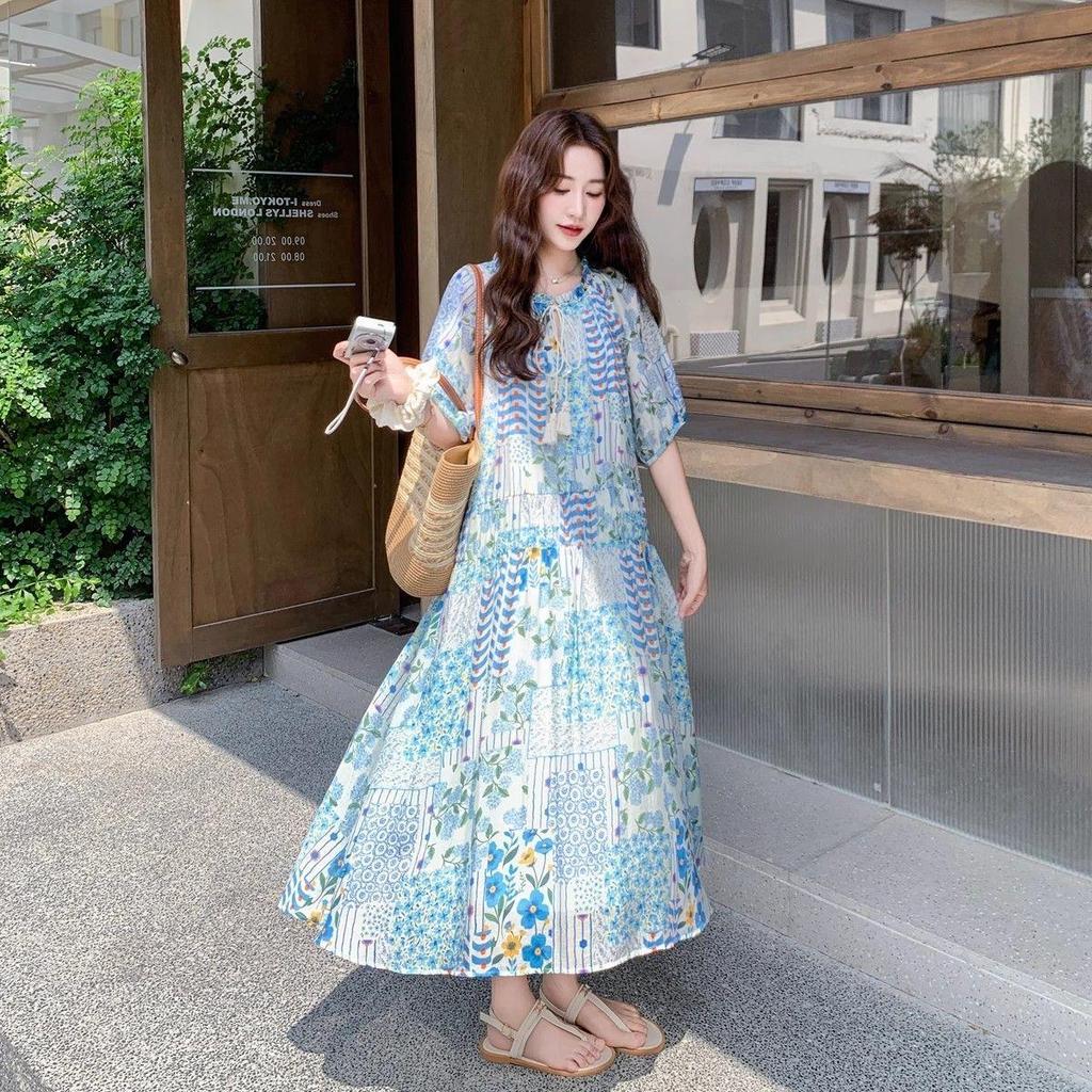 Váy hoa tay phồng dành cho nữ, phong cách mới kiểu Pháp, thời trang dài mùa hè - Giảm giá 50%