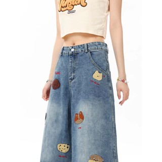 Quần short denim thêu hình chó con, phong cách Mỹ cổ điển, phù hợp mọi giới tính, chất lượng cao