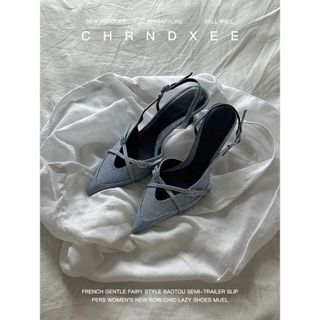 Giày Cao Gót Da Mềm Phiên Bản ~ Mũi Nhọn Mũi Chân Sandal Nữ Denim Xanh Phù Hợp Với Dây Đeo chéo Giày Stiletto Giày Cao Gót