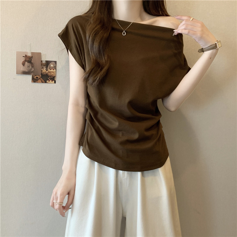 SUXI Áo thun lệch vai màu sắc đơn giản, phù hợp nữ mùa hè 260410