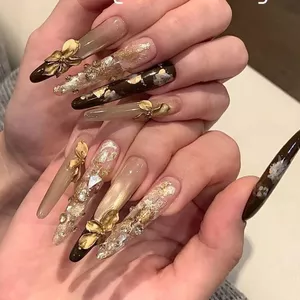 Extravagant Acetate Ba Chiều Champagne Khắc Lớp Vàng Nâu Retro Hoa Handmade Đeo Móng Tay