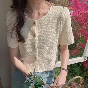 Áo sơ mi nữ ngắn tay eo cao phong cách Hàn Quốc, thiết kế mùa hè
