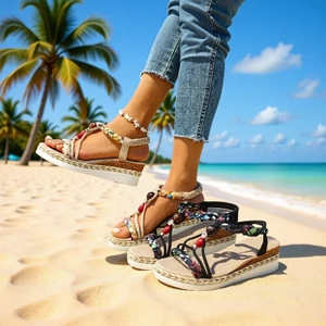 Size Lớn Một Dòng Bohemian Phong Cách Dân Tộc Thông Thường Dép Miệng Cá Đế Dày Nêm Bao Chân Dép Thời Trang RB7M