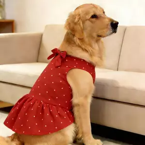 【Ready Stock】 Pet Dog Clothes Red Background and Polka Dots Bowknot Super Cute Sweet Vest Dress Golden Retriever Samoyed Spring and Summer Large Dog usDx