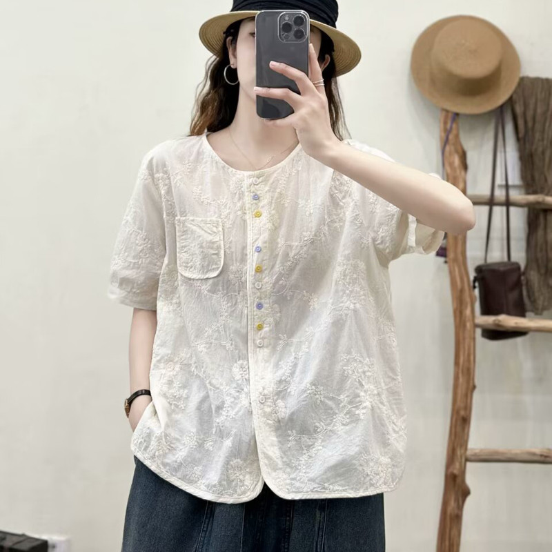 Áo sơ mi nữ cotton phong cách nước ngoài, màu nút sang trọng