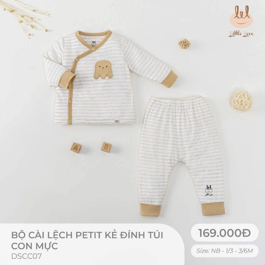 Bộ dài tay petit mỏng, mềm, thấm hút tốt kẻ dính túi con mực dành cho bé Lil little Love (DSCC07)