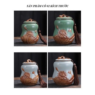 Hũ, Bình đựng trà bằng sứ Họa tiết Hoa Sen Đắp Nổi Đẹp Mắt