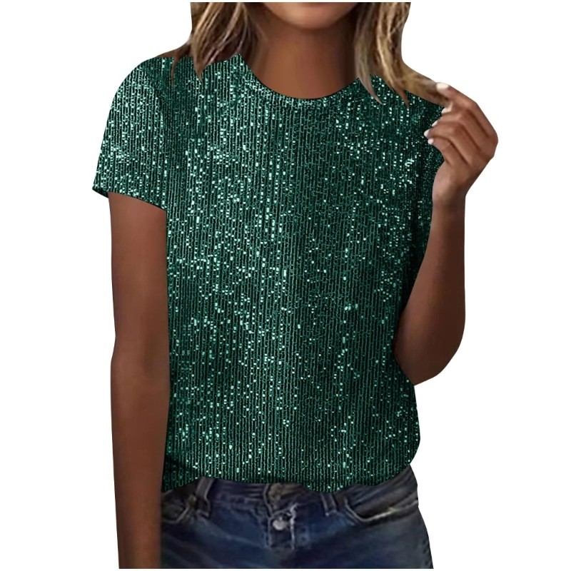 VIC Áo sơ mi tay ngắn màu trơn lấp lánh cho nữ, cổ tròn, hợp thời trang