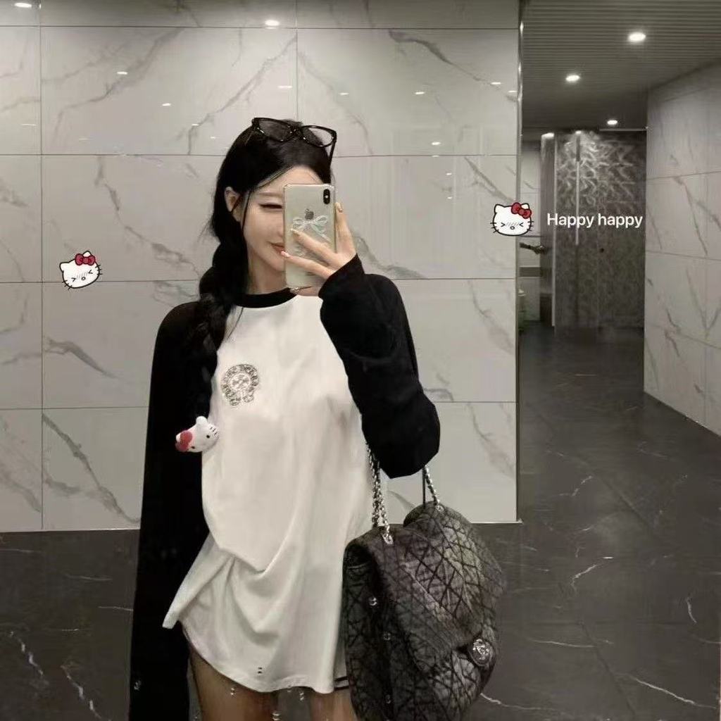 Milyfashion Cotton Nguyên Chất Rời Kích Thước Lớn Tay Raglan Retro In Hình Dài Tay Thiết Kế Niche Đáy Top 7INF