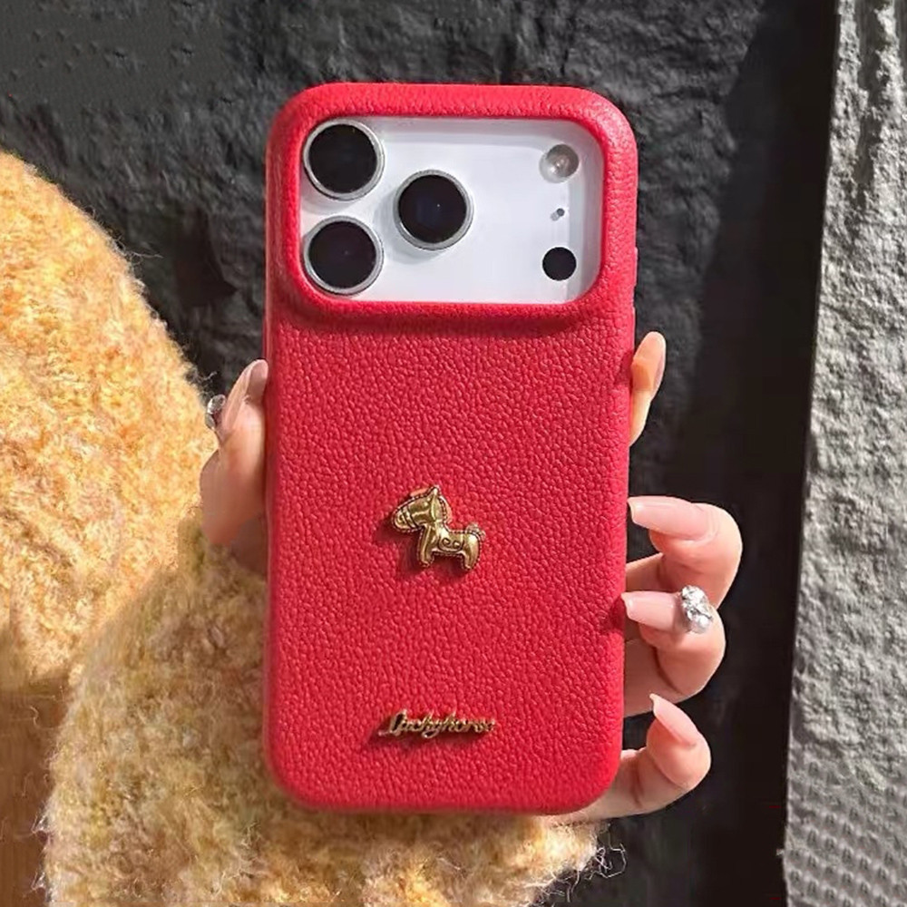 Ốp Điện Thoại Da Ngựa Chữ Vàng 3D Cho iPhone 17 Pro Max 17 Air 16 Plus 15 14 13 12 11 Vỏ Bảo Vệ Chống Sốc