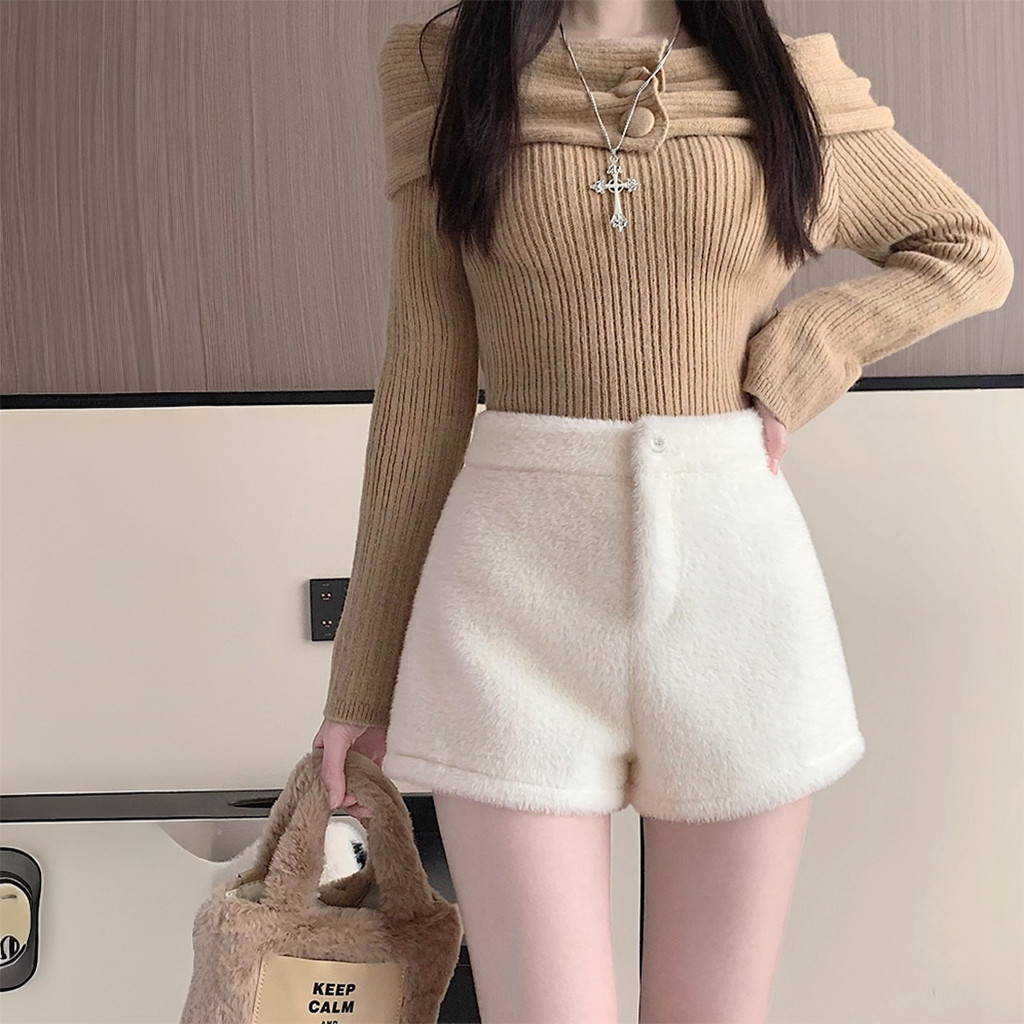 Quần Short Nữ BABEE Dáng Ngắn Lưng Cao Chất Lông Mềm Mịn Sang Trọng Quyến Rũ Phong Cách Hàn Quốc