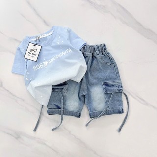 12-27kg Bộ bé trai áo loang ombre xanh mix quần bò túi hộp MH nhí