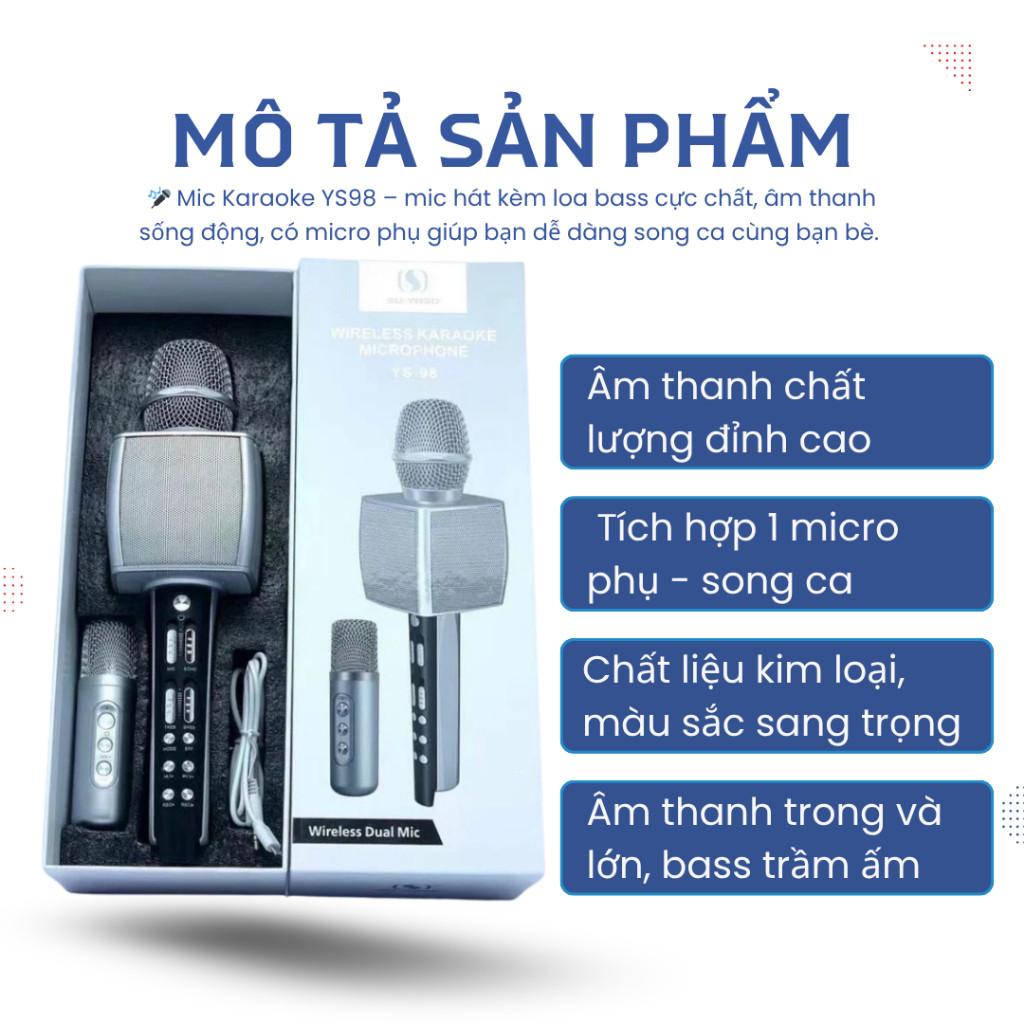 Micro Karaoke YS-98 Bluetooth Không Dây Loa Lớn Âm Thanh Chuẩn Kèm Mic Phụ Song Ca Siêu Hay