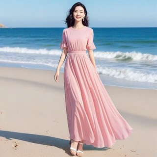 Váy dài mùa hè màu hồng thanh lịch, kiểu dáng bãi biển, chất liệu voan, ôm eo, dành cho nữ
