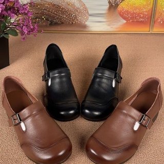Giày đế thấp miệng sâu Giày cao su PU Giày bệt mũi tròn gót giữa (3-5cm) Gót vuông