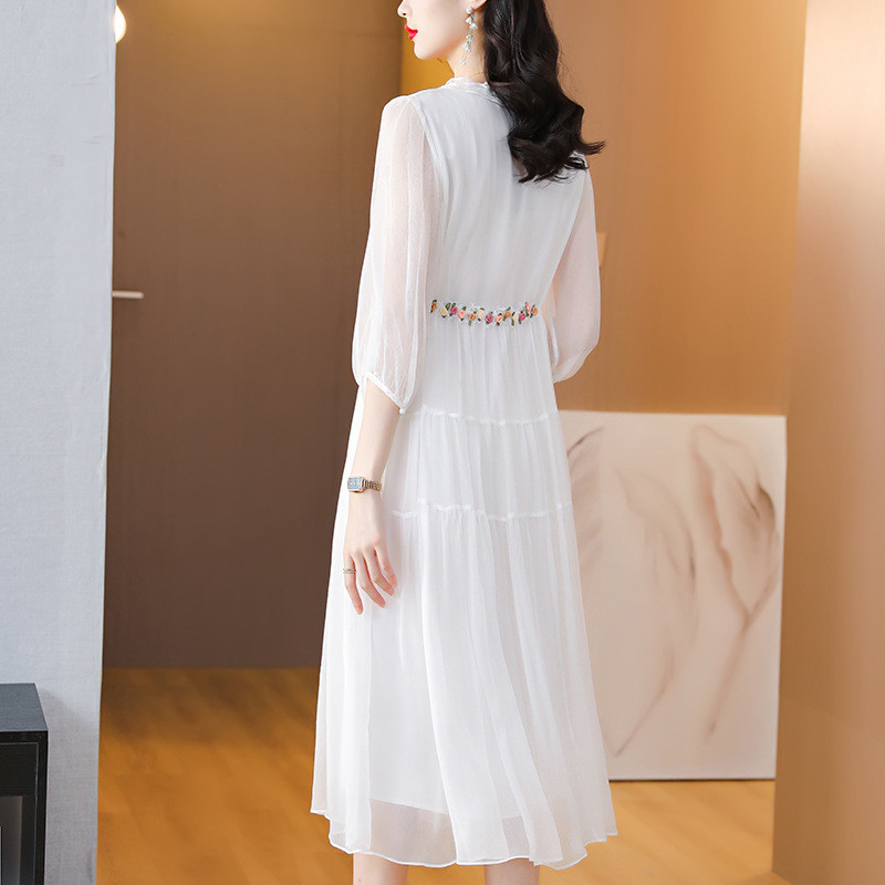 Đầm nữ cỡ lớn với thiết kế ôm eo thời trang, cổ áo xếp ly, tay áo ba phần tư, phong cách mùa hè mới,đầm dài vừa
