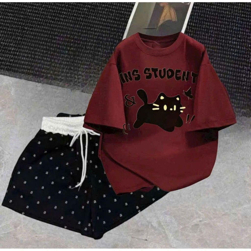 sét bộ đồ nữ quần đùi cộc cạp trắng chữ A + mix áo phông Chữ  STUDENT  in n g ực-thoitragthubio