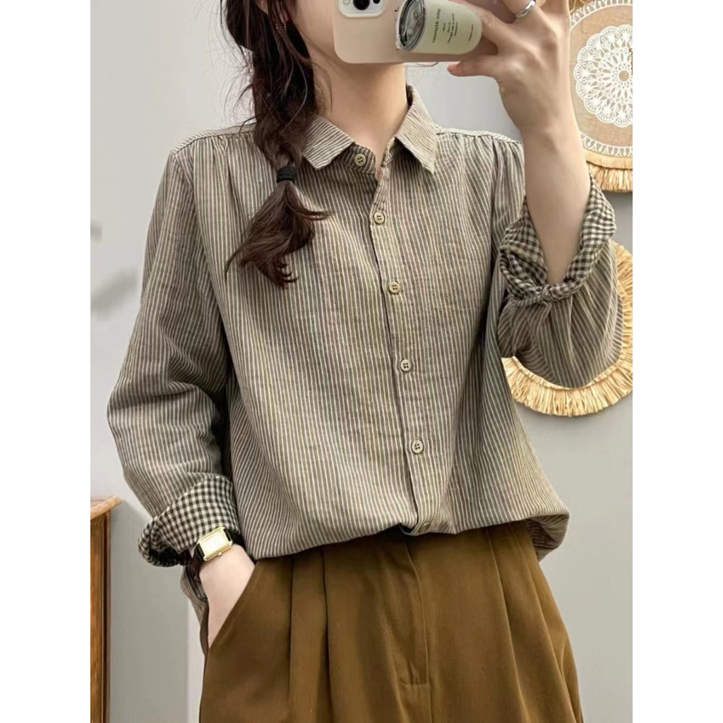 Áo sơ mi nữ cotton chất lượng cao, thiết kế retro, phù hợp xuân thu đa năng