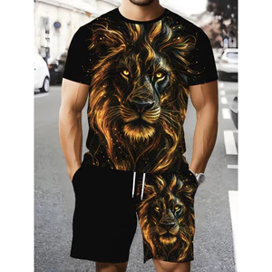 Tracksuit động vật sư tử 3D tay ngắn cổ tròn, phù hợp mùa hè cho nam và nữ