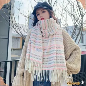 Khăn Quàng Cổ Cheeseley Mùa Đông - Kẻ Sọc Nhiều Màu Tua Rua Dài, Soft Cashmere Thanh Lịch