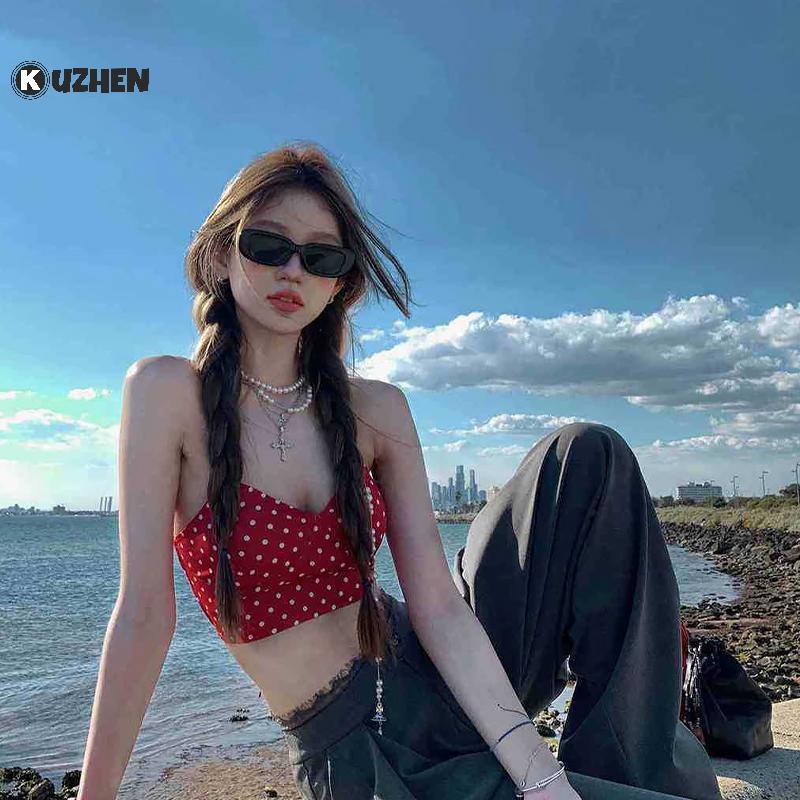 Kuzhen Crop Vest Mùa Hè Chấm Bi, Ren-Up Sleeveless, Gợi Cảm
