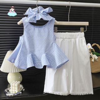 Bộ đồ cho bé gái – Áo sát nách kẻ caro phối quần lửng, kèm băng đô dễ thương, phong cách Hàn hè
