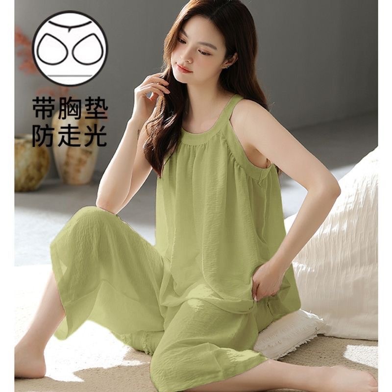 Bộ Đồ Ngủ Có Miếng Lót Ngực Mùa Hè Nữ Camisole Crop Quần Phù Hợp Với Không Tay Có Thể Mặc Bên Ngoài Nhà Quần Áo Thời Trang Đơn Giản