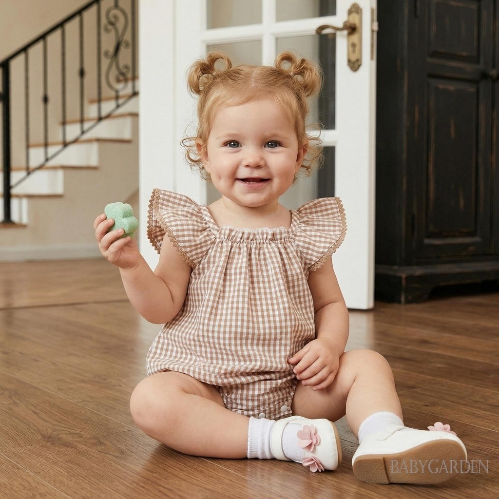 Bé Gái Kẻ Sọc Bong Bóng Romper Bay Tay Cổ Vuông Gingham Quần Áo Mùa Hè Dễ Thương