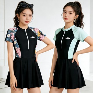 Bộ đồ bơi nữ mới Váy liền tay ngắn in họa tiết hè, polyester khóa kéo chống nắng, phong cách thể thao  thời trang, dành