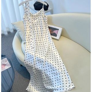Bộ váy dây chấm bi, phong cách mùa xuân mới, áo khoác cao cấp thanh lịch kiểu Pháp cho Nữ
