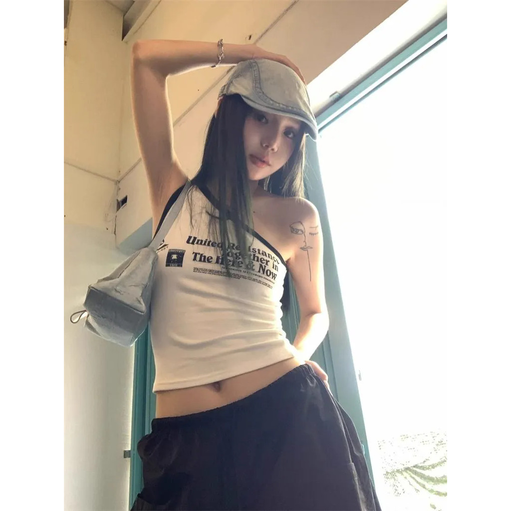 Milyfashion Một Vai In Chữ Sling Ba Màu Mỏng Hơn Nhìn Cô Gái Nóng bỏng Áo Ngắn Có Miếng Lót Ngực