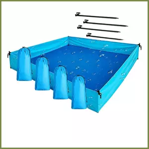 Chăn đi biển chống cát có 4 cọc và túi chứa cát, phù hợp cho du lịch và cắm trại