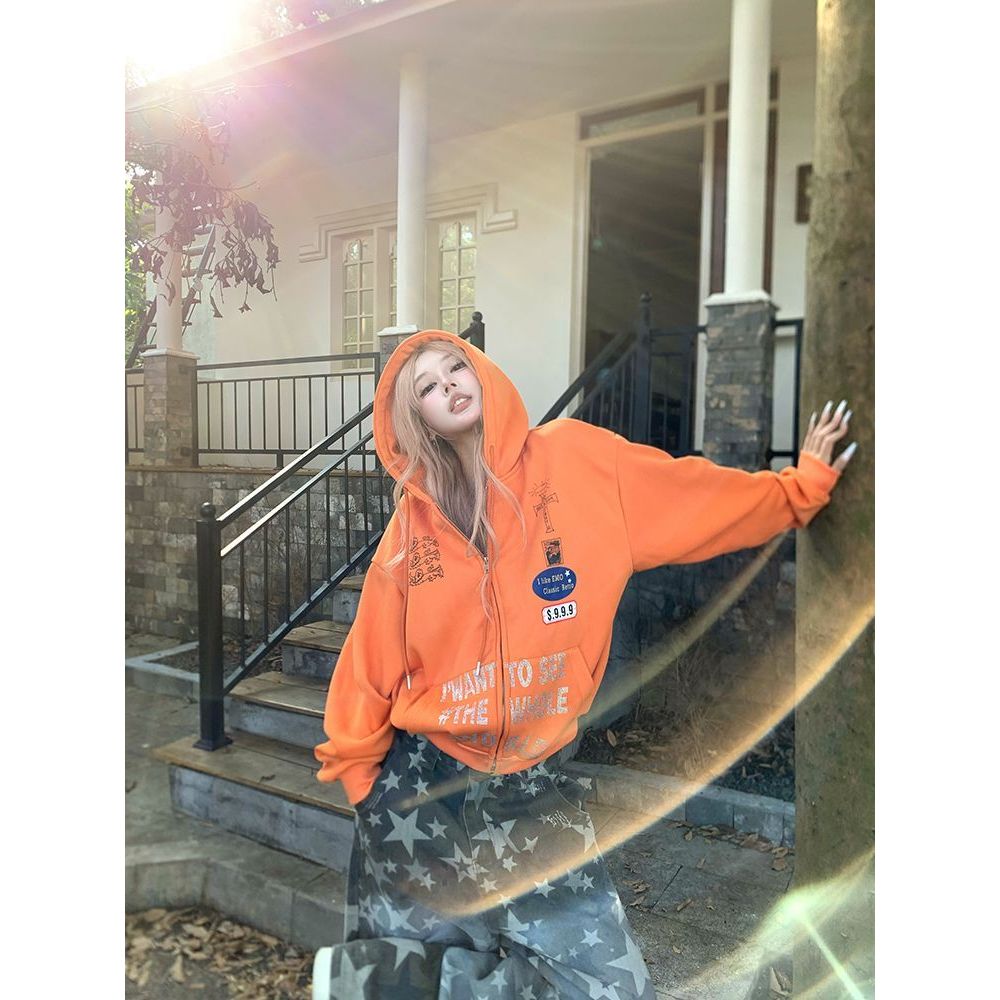 Fashionable Oversized Letter Sweatshirt cho Nữ Thu Đông, Kích cỡ từ 1-150kg, Áo khoác đường phố Mỹ thời thượng