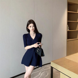 Đầm ngắn tay dệt kim màu mơ kiểu Pháp chất lượng cao, thanh lịch, đầm ngắn cổ V, eo thon, đầm A-line