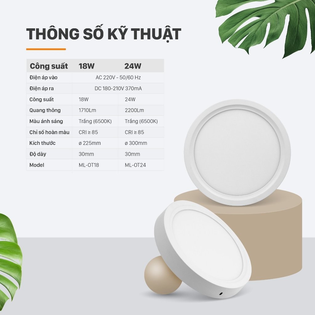 Đèn LED ốp trần Mỹ Linh tròn gắn nổi 18W, 24W. Đèn led ánh sáng trắng 6500K, phòng khách, ban công